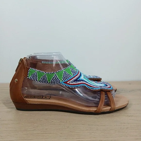Pikolinos Sandals Women 9 Boho Beaded Leather Strappy Wedge Festival Bohemian - Picture 5 of 10